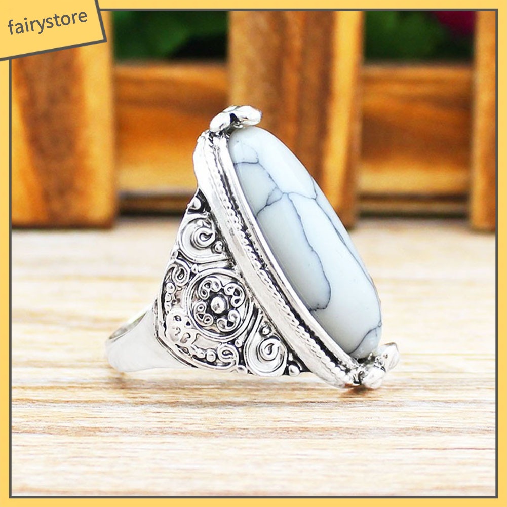 FS_Women Boho Vintage Oval Turquoise Antique Silver Plated Carving Ring Jewelry
