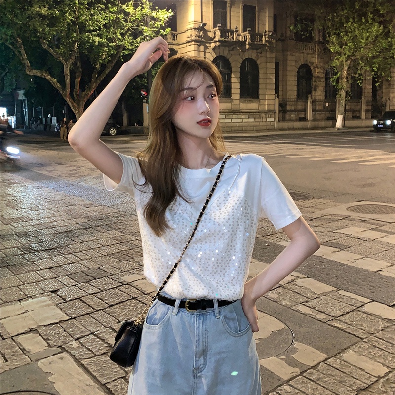 Áo Thun Tay Ngắn Cổ Tròn Đính Kim Sa Lấp Lánh Thời Trang Hàn Quốc Cá Tính