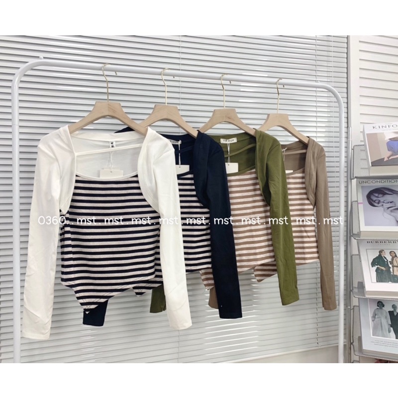 Áo thun kẻ tay dài vạt xẻ dây chéo cổ - hàng có sẵn