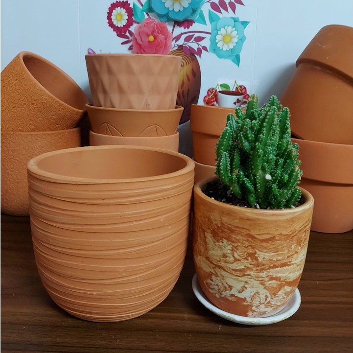 Chậu trồng cây, Chậu đất nung sọc sóng bất định Bông Garden trồng cây cảnh để bàn kt miệng 15,17cm cao 13,16cm
