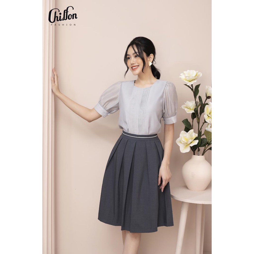 <Chân váy đẹp Chiffon>_Chân váy xòe công sở ly hộp viền cạp dễ phối đồ