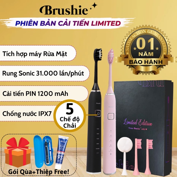 BRUSHIE Bàn chải điện x Máy rửa mặt PHIÊN BẢN CẢI TIẾN MỚI LIMITED, Mọi loại răng, Rung SONIC Chính Hãng