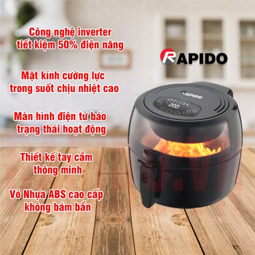 Nồi chiên không dầu điện tử Rapido RAF6.5D, công nghệ inverter, khay chiên chống dính cao cấp bảo vệ sức  khỏe bạn và gđ