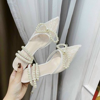 Sandal quai ren đính ngọc gót 5cm