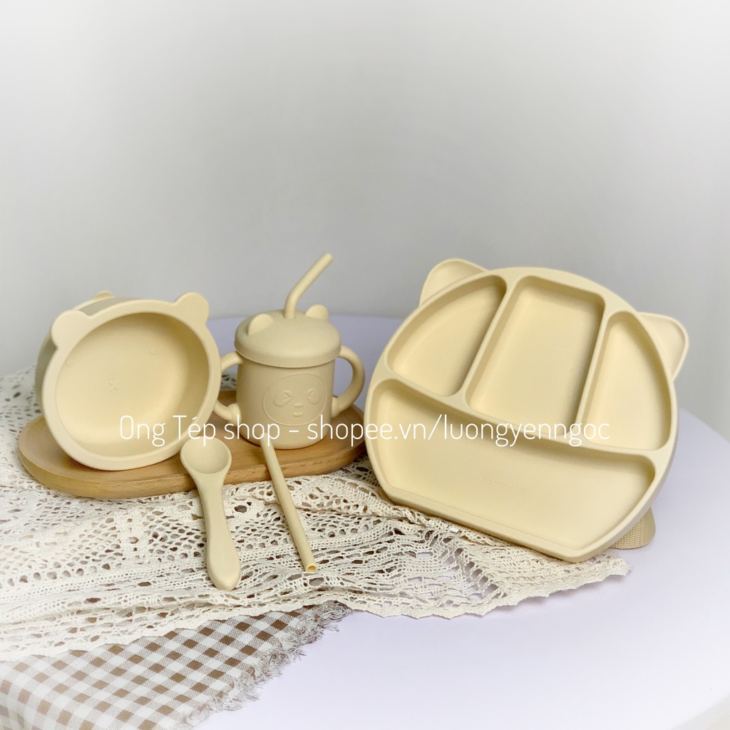 Set ăn dặm silicon 5 chi tiết: Bát ăn dặm silicon kèm thìa, cốc tập hút silicon, khay/đĩa ăn dặm, yếm ăn dặm Samimi
