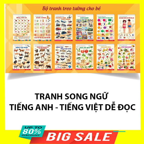 Bộ tranh treo tường học tập 12 chủ đề song ngữ cho bé kích thước 40x600cm