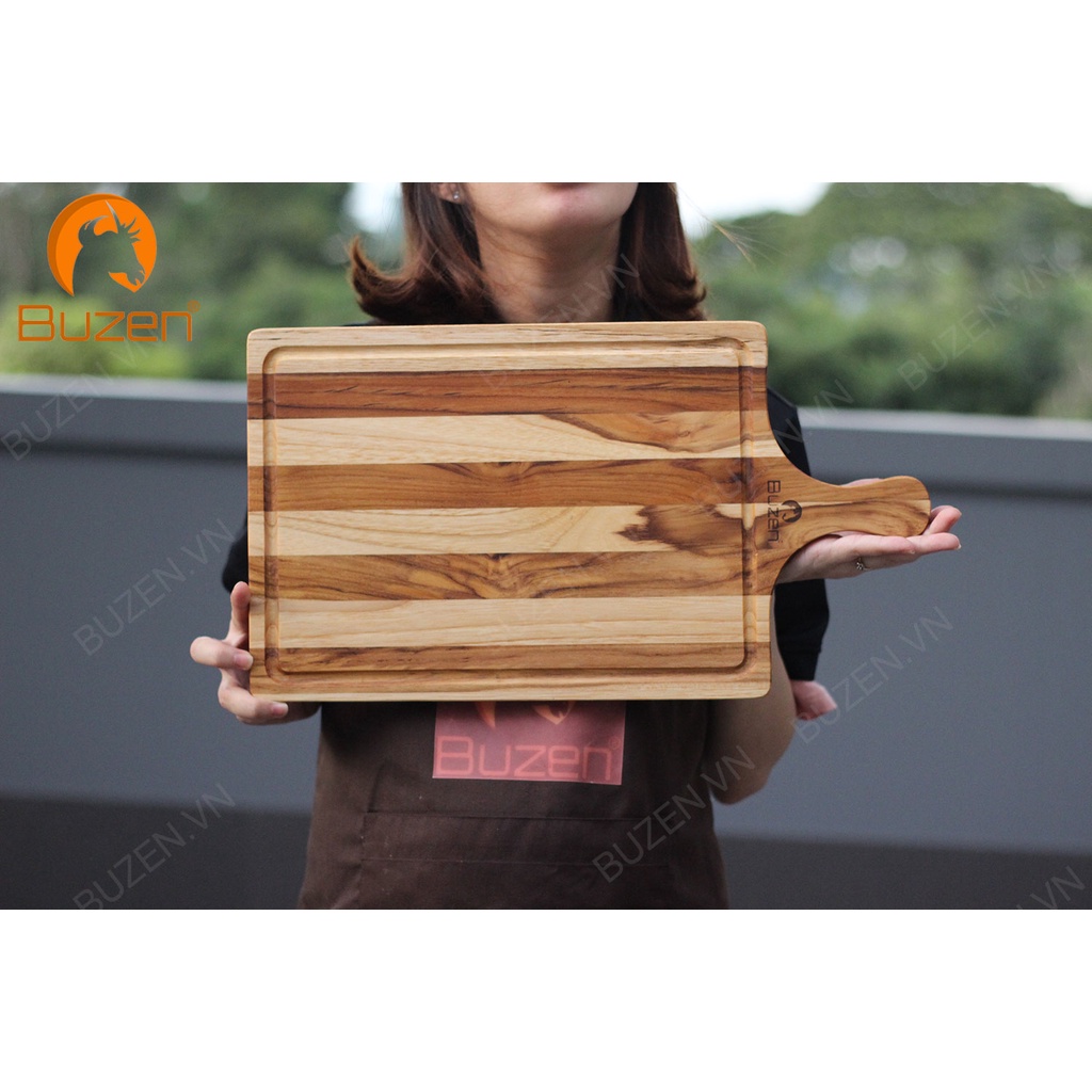 Thớt gỗ Teak BUZEN Chữ nhật Tay Cầm Có Rãnh - Thớt gỗ trang trí