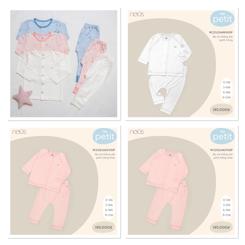 bộ nous dài tay pettit, cotton size 0-3m đến 9-12m