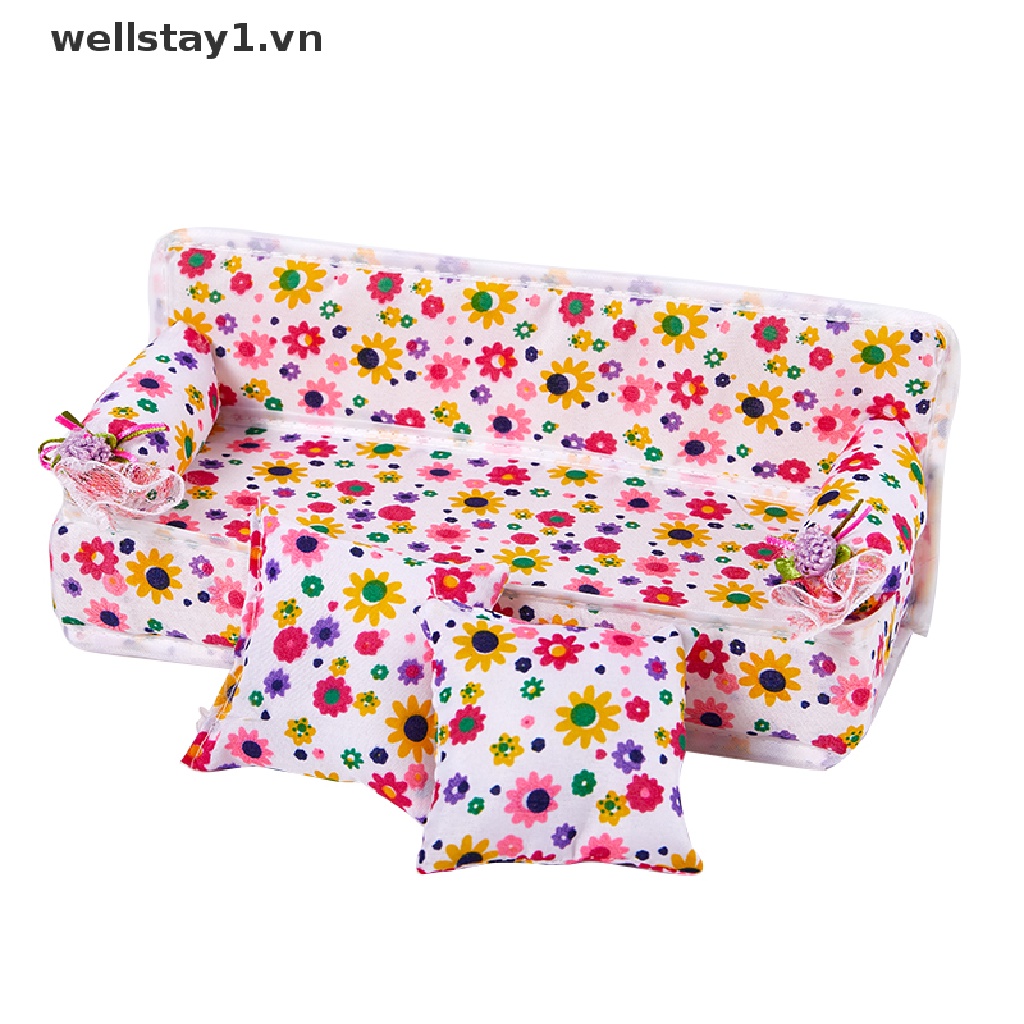 1 Bộ Ghế Sofa Mini Bằng Vải Họa Tiết Hoa Kèm 2 Gối Trang Trí Nhà Búp Bê