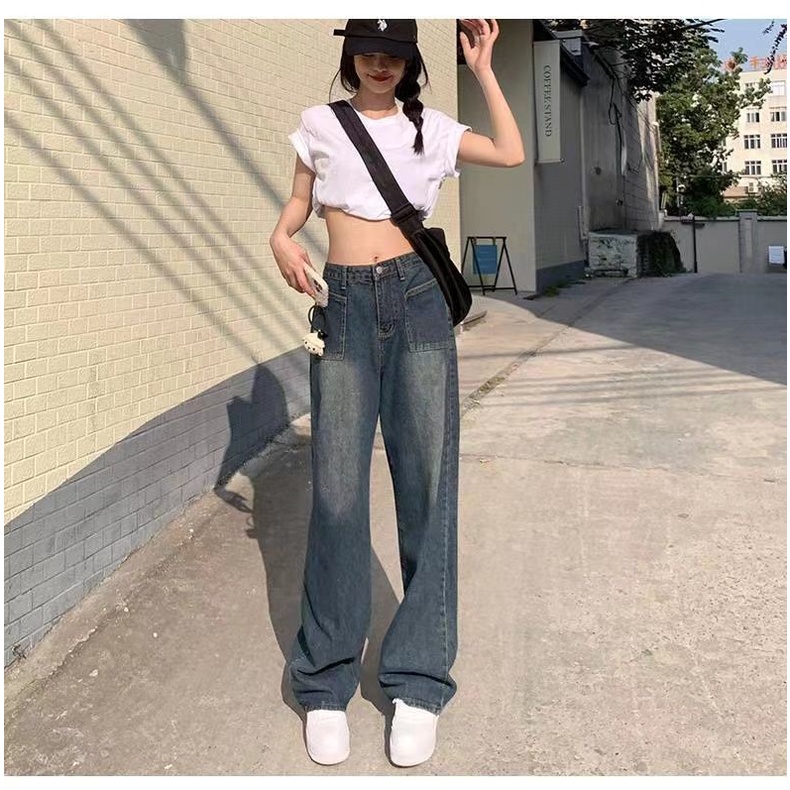 Quần Jean Nữ Ống Rộng Lưng Cao Phong Cách Retro Mỹ Mới