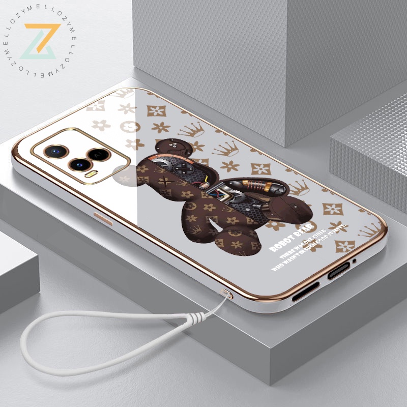 Zymello ốp lưng Vivo Y21 V23 Y33S Y21S Mạ điện thời trang 6D lỗ tròn thời trang dây buộc gấu bao điện thoại