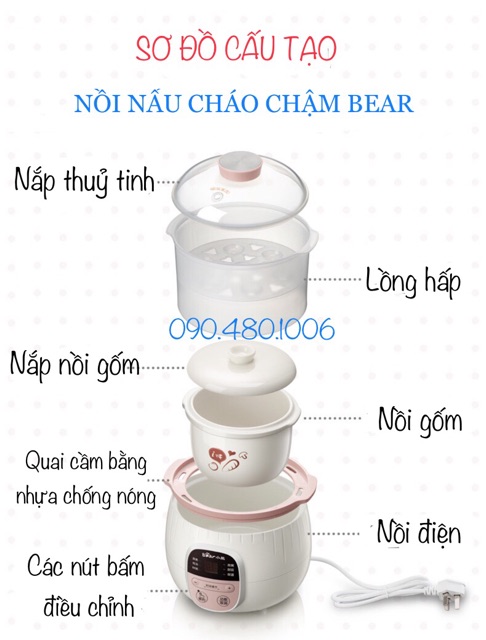 (TLY NGHỈ BÁN) NỒI NẤU CHÁO CHẬM BEAR CÓ HẸN GIỜ 0,8L