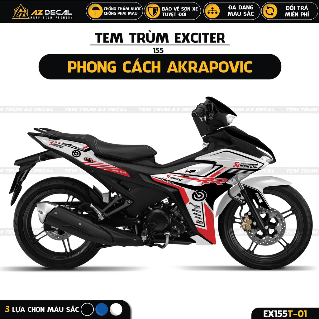Tem Trùm Exciter 155 Mẫu Akrapovic | EX155T-01 | Decal Dán Xe Ex 155 Đẹp Nhiều Màu Đen, Trắng, Xanh GP