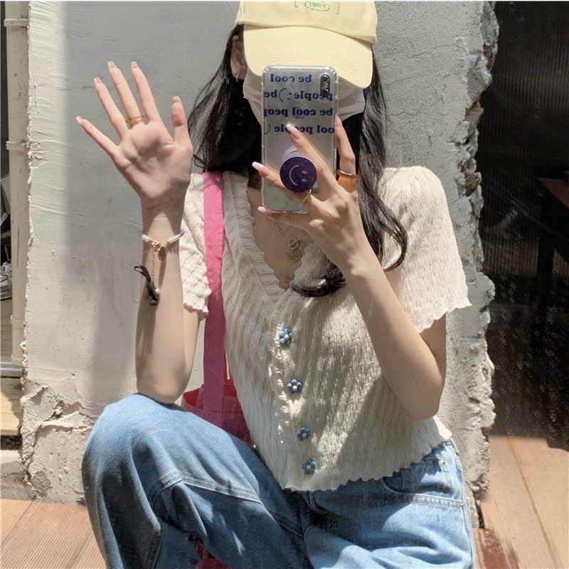 Áo cardigan ZHELIHANGFEI dệt kim viền xếp nếp tay ngắn cài nút kiểu hoa xinh xắn