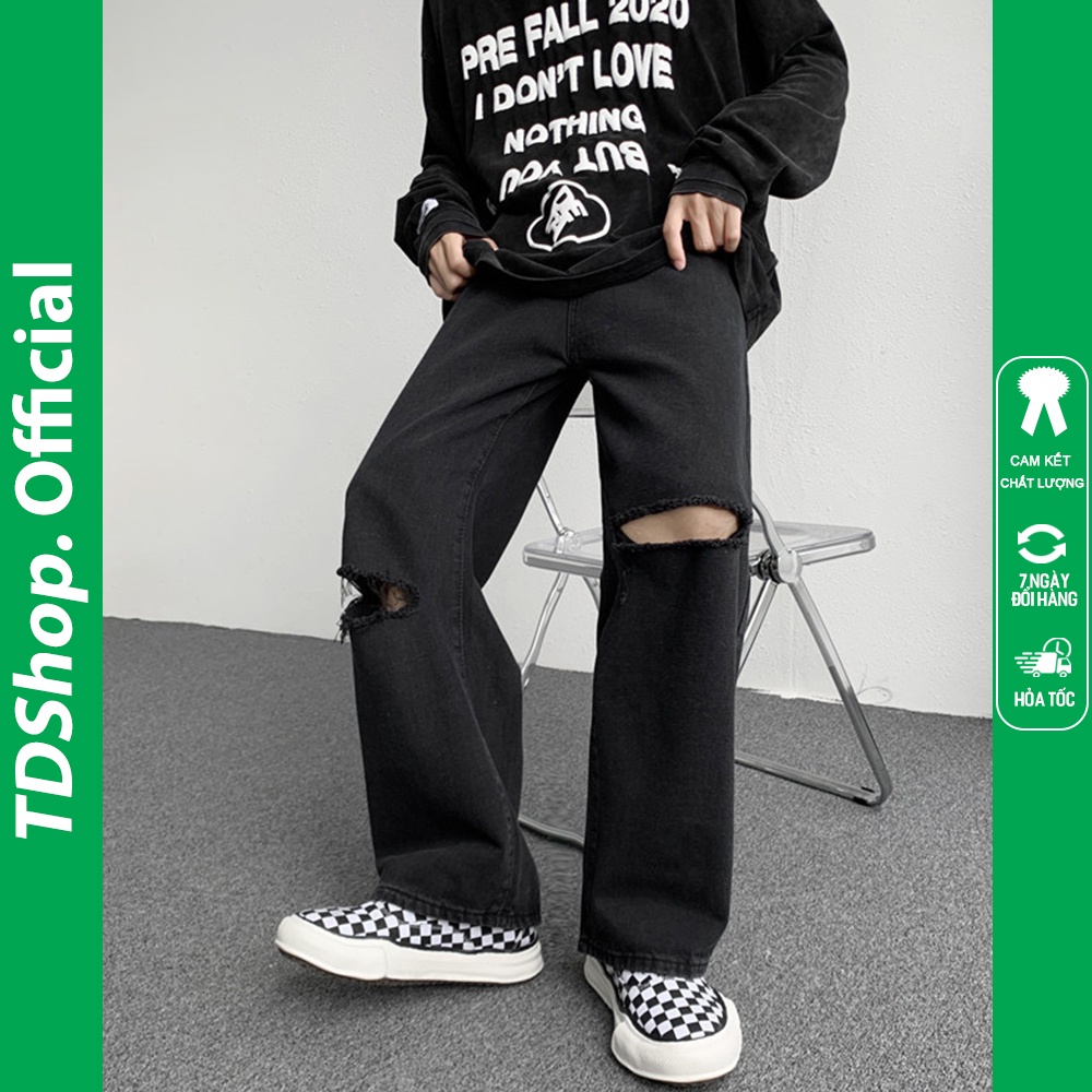 Quần jeans đen cao cấp, quần bò đen, baggy,xuông rộng nam,nữ, Crying Center rách 2 cạnh,Rách 2 gối TDSHOP hottrend 2022