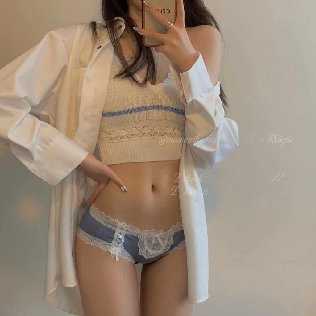 Quần lót nữ cạp thấp nâng hông ren nơ ruy băng thoáng khí viền Lolita sexy size 40-60kg M21 | BigBuy360 - bigbuy360.vn