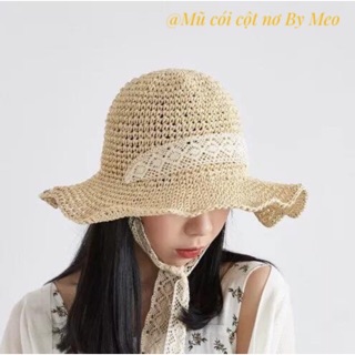 Mũ cói mềm Vintage nơ quai ren tiểu thư