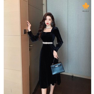 Đầm nhung đen tay dài cổ vuông phong cách retro cao cấp cho nữ