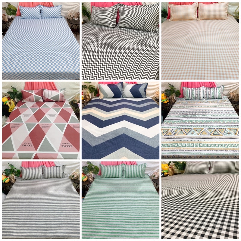 Set ga giường vỏ gối nằm kẻ caro, hình khối đủ kích cỡ