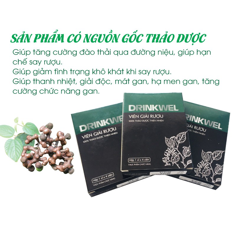 [8 hộp] Viên giải rượu, giảm tình trạng khô khát, giảm các triệu chứng khó chịu khi say. Drinkwel, hộp vỉ 4 viên