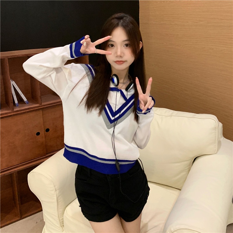 Áo len ZHELIHANGFEI tay dài dáng rộng cổ bẻ giả hai lớp dễ phối đồ thời trang