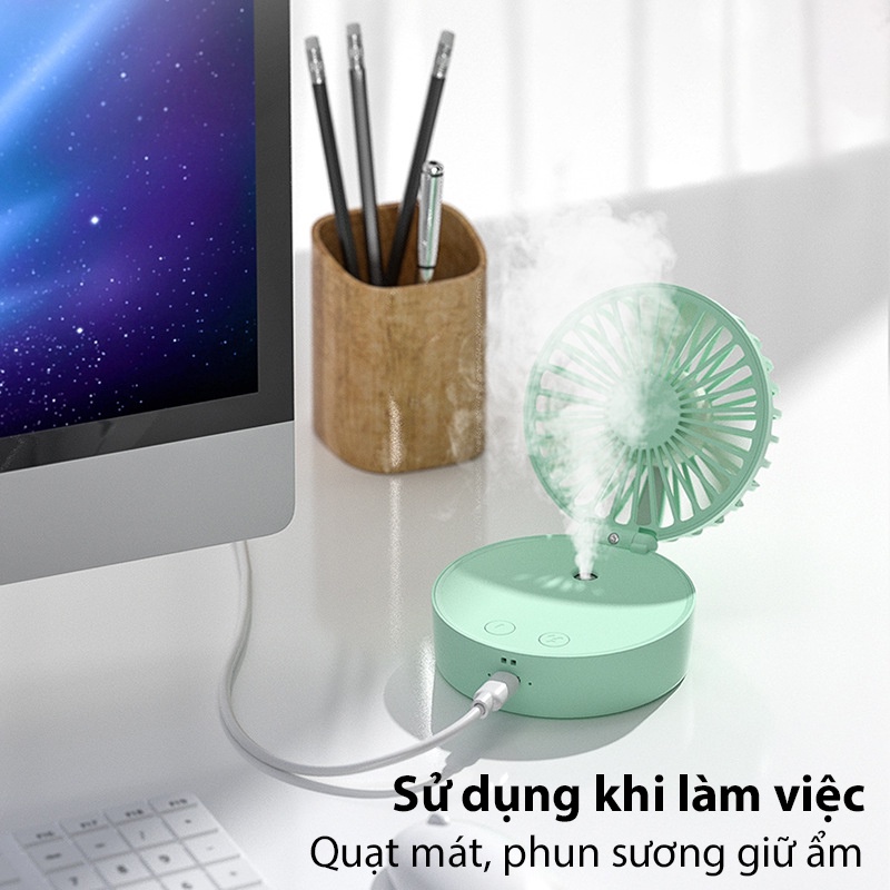 Quạt phun sương tạo ẩm xông tinh dầu tích hợp 3 trong 1 đèn ngủ nhiều màu sạc nhanh USB 2000mAh - QMN03