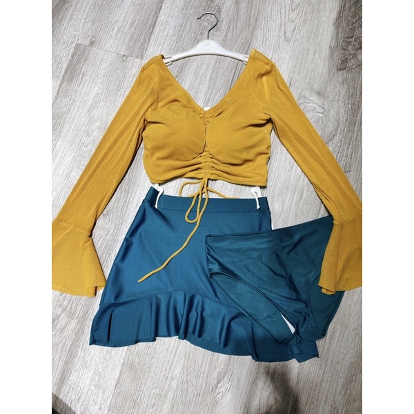 Bộ bikini , bộ đồ bơi nữ áo croptop dài tay kết hợp chân váy nhún trẻ trung, nữ tính