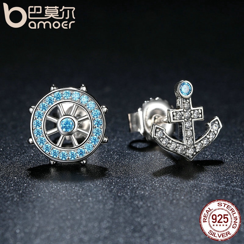 Khuyên tai Bamoer SCE030 bằng bạc 925 hình mỏ neo và bánh lái đính đá pha lê xanh dương dành cho nữ