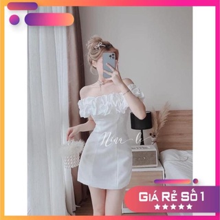 [8.8 Sales Freeship] Đầm trắng nữ đi tiệc, đầm trắng bèo nhún ngực trễ vai ôm body dáng ngắn quyến rũ, sang chảnh