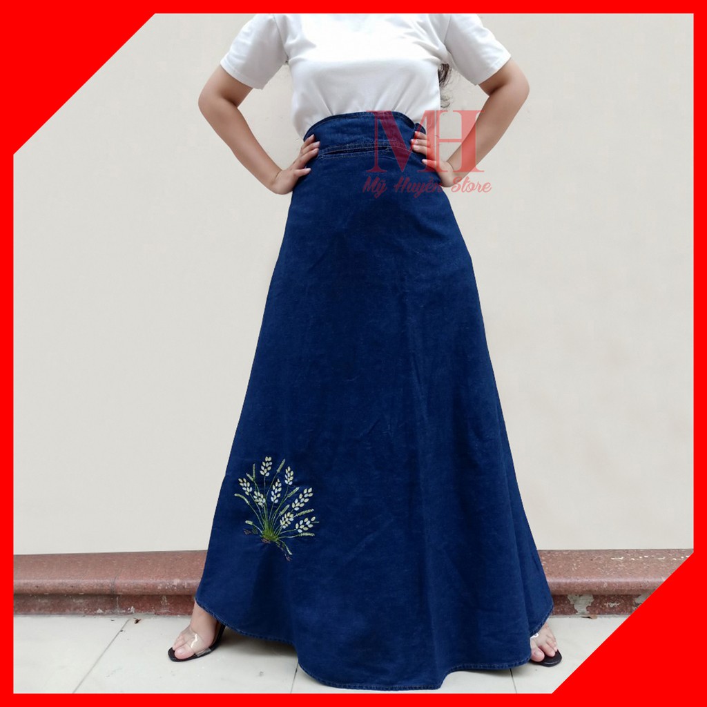 Váy Chống Nắng Xòe Vải Jean Mềm Cao Cấp Cho Nữ Có Vòng 3 Lớn Được Thêu Họa Tiết Bông Lúa Mỹ Huyền Store