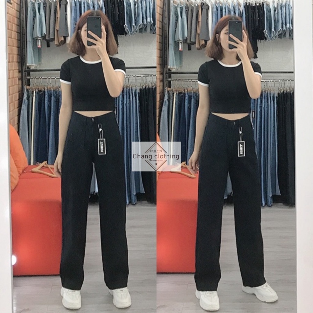 Quần tây nữ lưng cao ống rộng đi học dáng dài suông đứng vải đen mềm - Quần vải cạp cao nữ công sở mặc đi làm học sinh