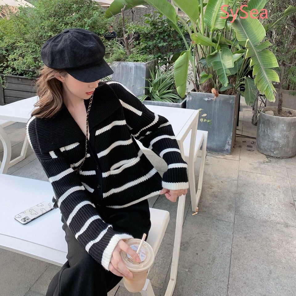 Áo Khoác Cardigan Dệt Kim Tay Dài Hoạ Tiết Kẻ Sọc Phong Cách Retro