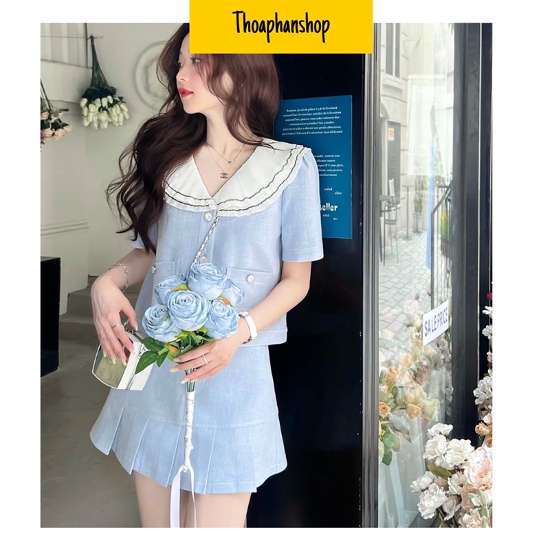 SET DẠ ÁO CROPTOP CỔ BÈO + CHÂN VÁY XANH [kèm ảnh thật ]