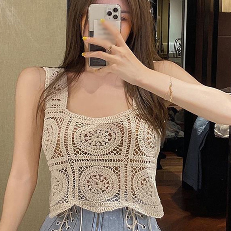 Brroa Áo Croptop Dệt Kim Sát Nách Dáng Rộng Cổ Vuông Khoét Lỗ Kẻ Sọc Caro Thời Trang Đi Biển Cho Nữ