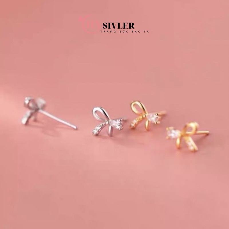 Bông tai bạc ta nơ nhỏ xinh đính đá nữ tính bông tai nữ bạc thật giá rẻ CHY SILVER
