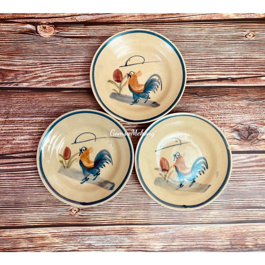Dĩa gốm sứ con gà trống vẽ tay(mẫu gà trống mặt trời) đường kính 15cm