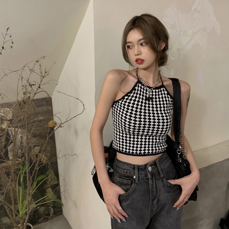 Áo hai dây sọc caro trắng đen cá tính thoải mái thời trang mùa hè phong cách Hàn Quốc