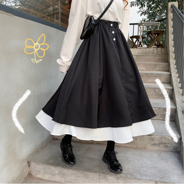 Chân váy dài ulzzang 3 cúc phối 2 màu đen trắng phong cách Hàn Quốc