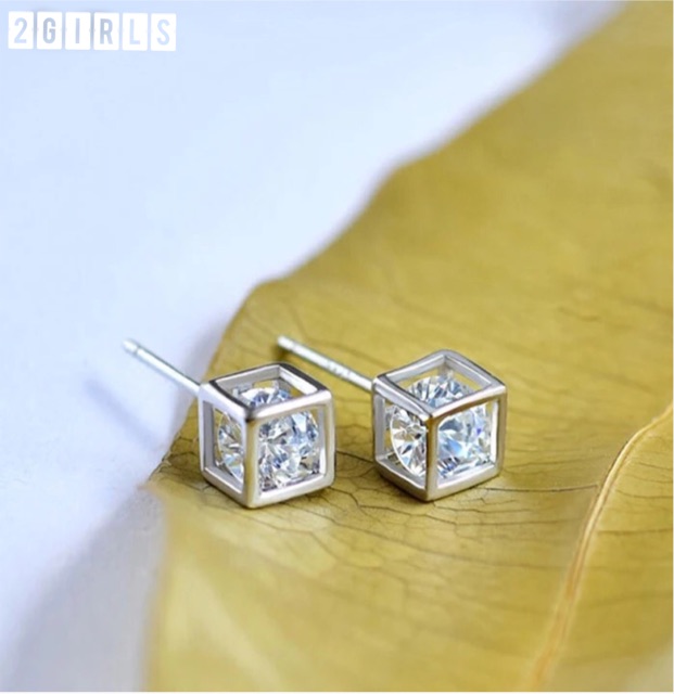 Bông tai bạc 925 đá rubic, bông tai hạt đá lồng xoắn kiểu hàn quốc