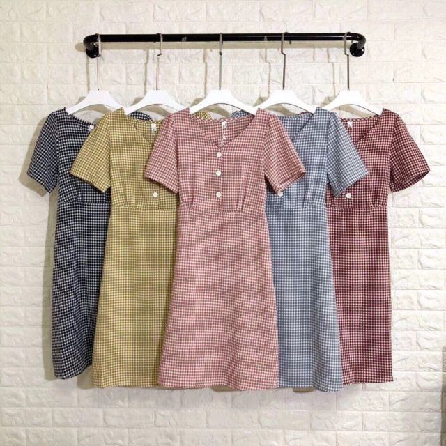 Váy kẻ cổ V hàng Quảng Châu