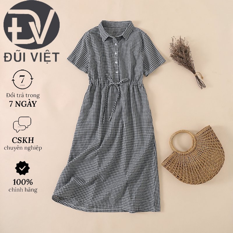 Đầm suông kẻ sọc cổ sơ mi kèm đai thắt eo, chất vải thô đũi tự nhiên, thời trang phong cách Hàn Dv37
