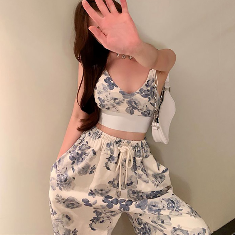 IELGY Set Áo Dây Nữ Cộc Tay Cổ Tròn + Quần Dài Bó Sát Lưng Cao Thời Trang Nữ