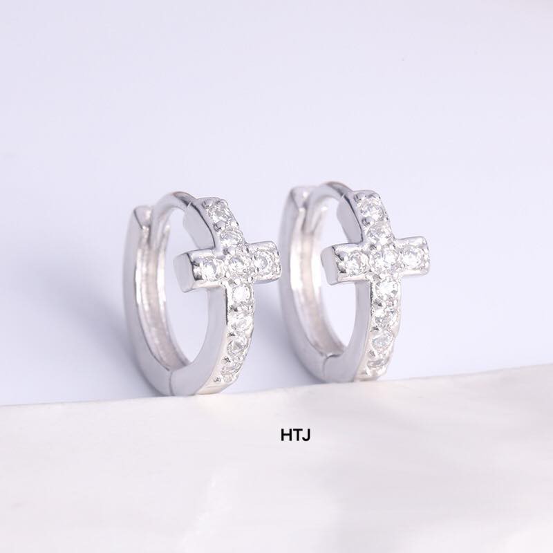 Bông tai nữ bạc ta dạng vòng tròn đính đá hình thánh giá - Bông tai bạc Bibi