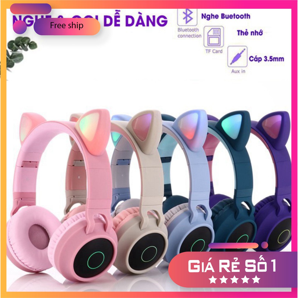 💥loại xịn có mic💥 Tai Nghe Chụp Tai Mèo Bluetooth, Headphone Tai Mèo Dễ Thương, Âm Bass Mạnh Mẽ Và Dung Lượng Pin Khủng