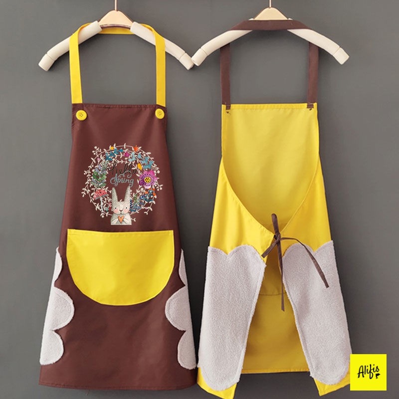 Tạp dề Hình Thỏ có khăn lau tay bên hông Chống Thấm Nước / Tạp Dề Pha chế nấu ăn Hoạ Tiết Hoa Xinh Xắn