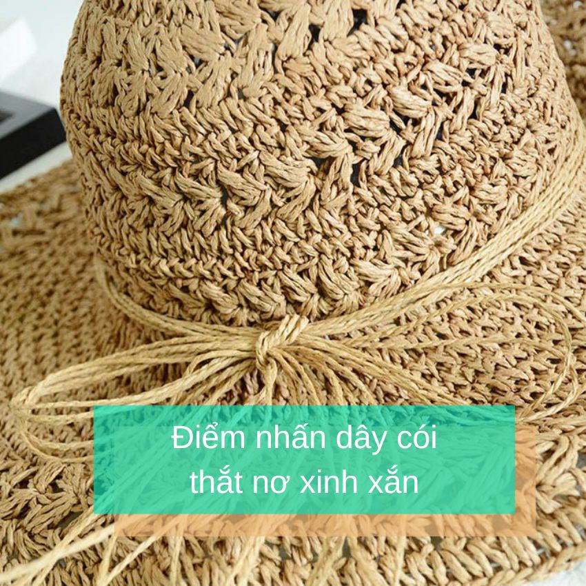 Mũ cói mềm đan móc rộng vành thắt dây cói