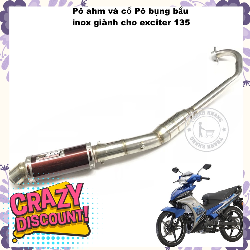 Pô AHM màu đỏ và cổ pô inox bụng bầu dành cho exciter 135 thanh khang 006001322 006001304