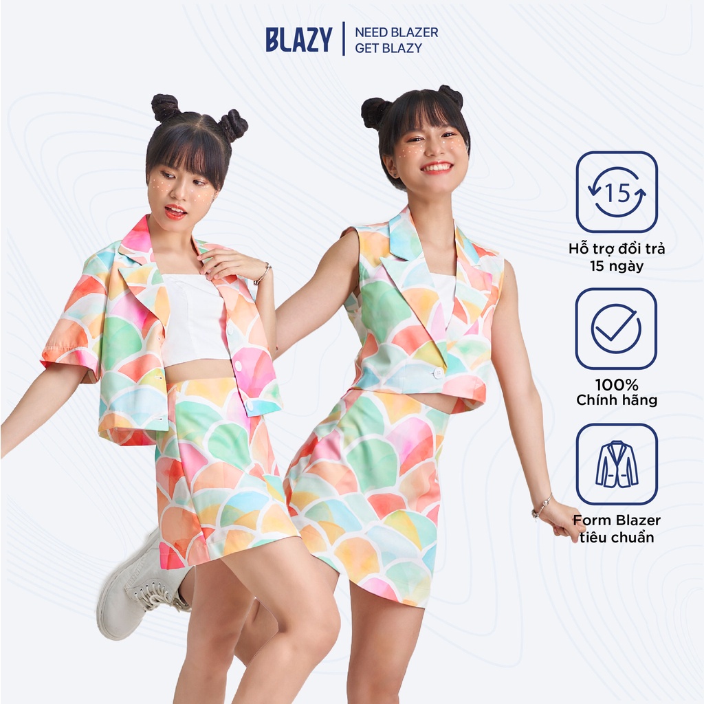 Set Áo Blazer Nữ Croptop Vảy Cá Kèm Chân Váy BLAZY - Hoạ Tiết Nhiều Màu, Vải Kaki Chéo Chống Nhăn, Phong Cách Hàn Quốc