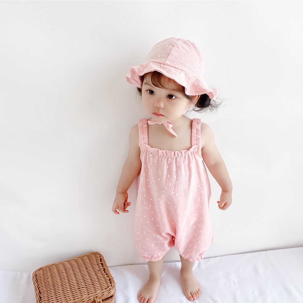 Set Áo Liền Quần Sát Nách Hoạ Tiết Hoa + Nón Xinh Xắn Thời Trang Mùa Hè Cho Bé Gái