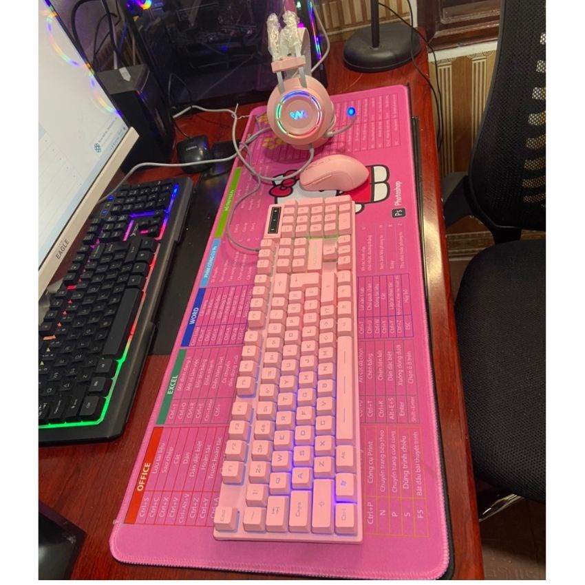 Combo Phím Giả Cơ + Chuột Không Dây Dareu + Tai Nghe Gaming Chính Hãng + Bàn di 30*80 - Full Màu Hồng